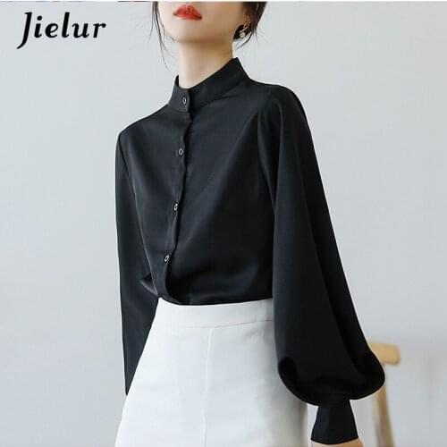 Jielur Spring Retro Lantern Sleeve Shirt Female New Stand Collar White Blouse for Women Office Lady Shirts Tops Camisas Mujer