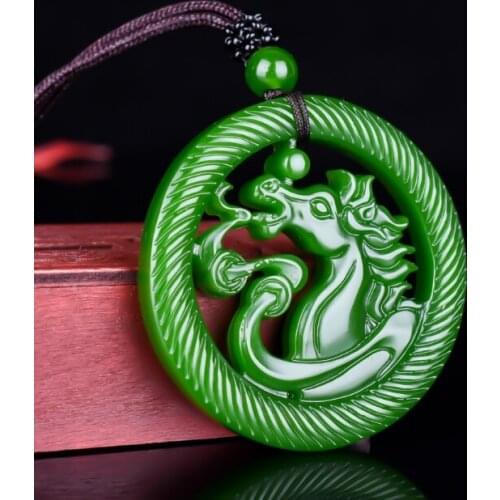 CHINESE XINJIANG GREEN JADE DOUBLE SIDE HOLLOW HORSE PENDANT HAND CARVING NECKLACE FASHION AMULET LUCK GIFTS MEN SWEATER CHAIN