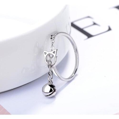 KOFSAC New Fashion Cute Kitten Bell Ring Charm 925 Sterling Silver Rings For Women Engagement Party Jewelry Girl Best Gifts