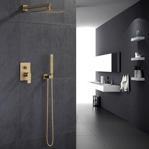 Brushed Gold Bathroom Shower Set Rain Shower Faucet Wall or Ceiling Wall Mounted Shower Mixer 8-12" Shower Head
