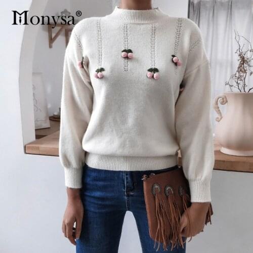 Cherry Cute Knitted Sweater Women Fall Winter 2020 New Arrival Pullover Casual Sweaters Ladies Loose Knitwear White