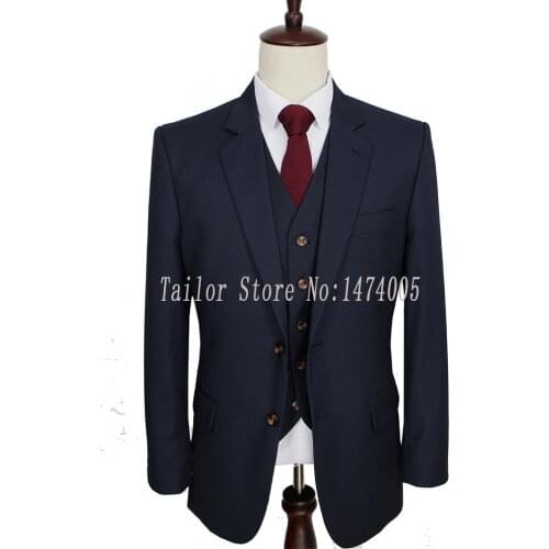 Worsted wool Dark Blue Custom Made Men suit groom tuxedos tailor made slim fit wedding suits for men 3 Piece