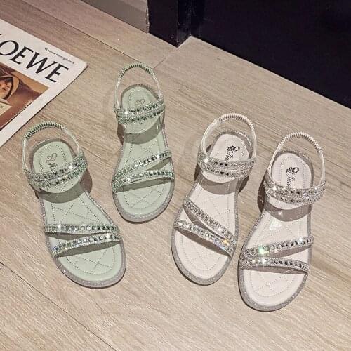 Sandals 2021 New Womens Summer Soft Bottom Diamond Fairy Style Green Fresh Internet Celebrity Flat Roman Style Shoes