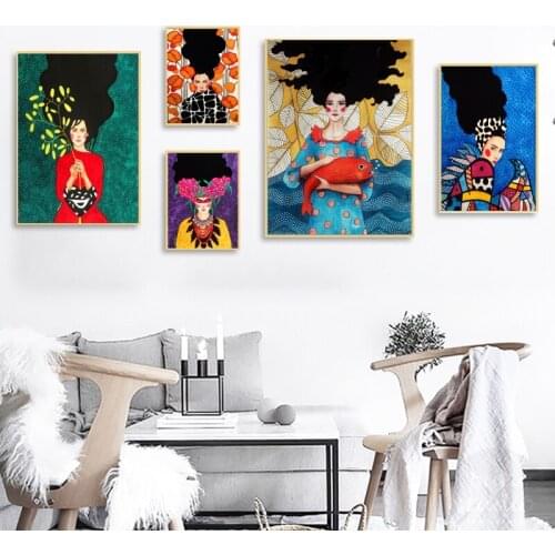 Nordic Style Hand drawn Colorful Girl Character Canvas Paintings Poster and Print Scandinavian Cuadros For Girl Bedroom Decor