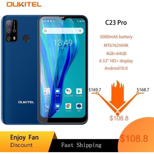 Oukitel C23 pro 4G LTE Smartphone 4GB+64GB 6.53"+HD 5000mAh MT6762V/WB Android 10.0 Mobile phone 8PM/13PM Camera Cell Phone