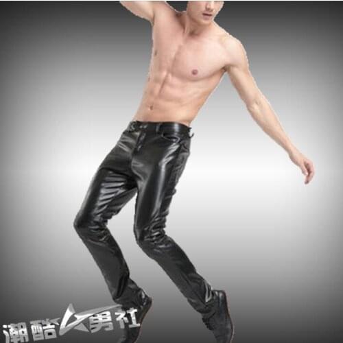 Warm faux leather pants mens feet pants fashion thicken motorcycle pu trousers for men personality pantalon homme black