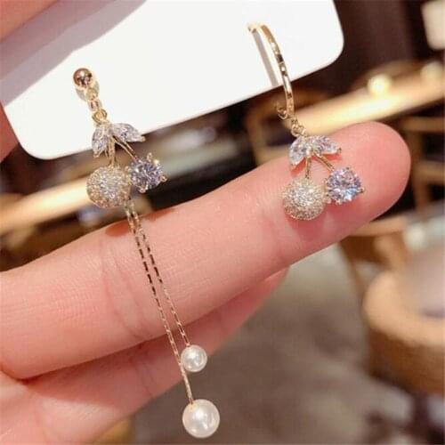 Trend Asymmetric Fruit Cherry Tassel Earrings Sweet Cute Girl Crystal Pearl Earrings Fashion Womens Party Jewelry