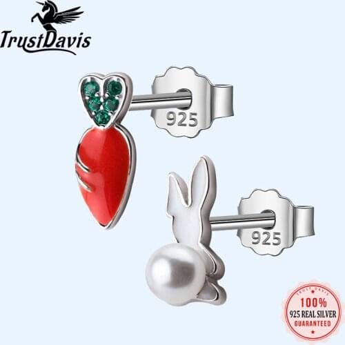 Trusta 2020100% 925 Real Sterling Silver Fashion Cute Glaze Rabbit Turnip Stud Earrings Gift For School Girls Kids Lady DS522