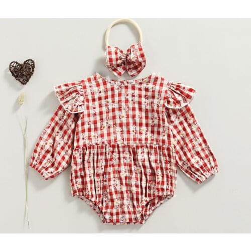 Spring Autumn Baby Romper Infant Girls Daisy Plaid Print Long Sleeve Rompers+Bow Headband 2pcs Sets for 0-24Months