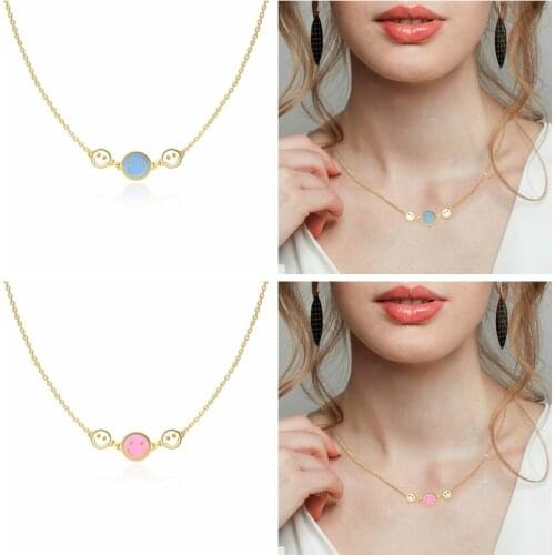 Viny Light Blue Pink Smiley Face Necklace For Women 925 Sterling Silver Jewelry Charming Pendant Chain Choker Bijoux Collar