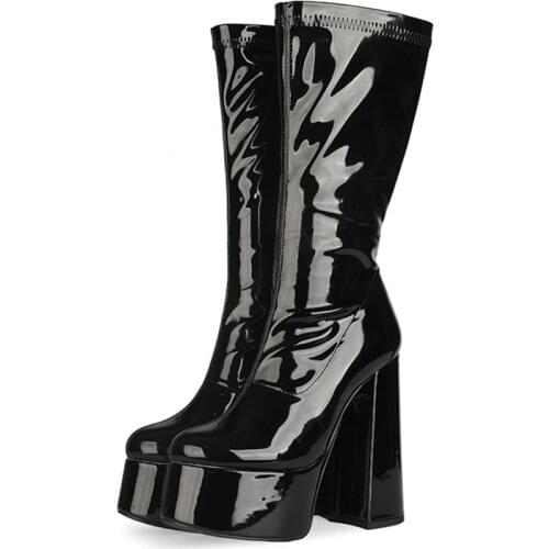 Womens Boots Thick Heel Platform Patent Leather Boots High Heel ladys Shoes Round Toe Winter Short Booty Side Zip