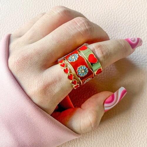 Fashion Red Color Love Heart Rings Set for Women Korea Style Y2K Aesthetic Daisy Flower Ring Couple Jewelry Gifts Wholesale