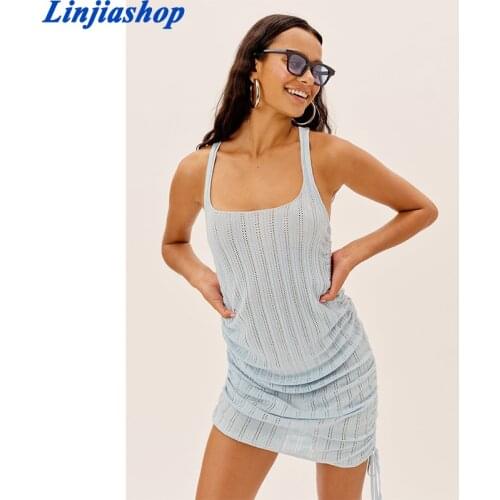 New Summer Women Sleeveless Bodycon Elastic Mini Dress Sexy Club Celebrity Party Stretchy Blue Dress Vestidos
