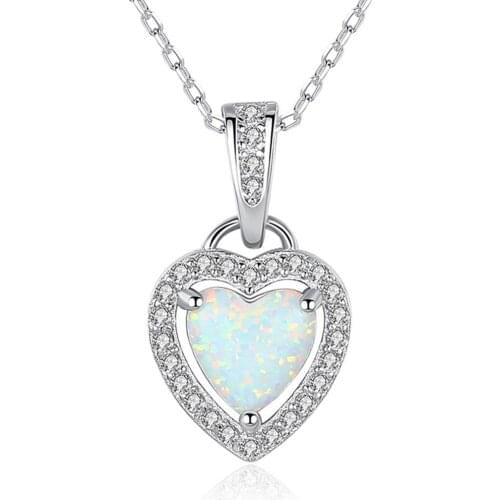 Opal Necklace 925 Sterling Silver Chain Charm Love Zircon Opals Pendant Necklace Women Gift Fine Jewelry