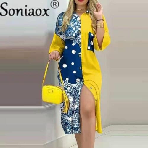 2021 Summer Sexy Shirts Patchwork Dress Fashion Print Button Long Party Dresses Elegant Turn-Down Collar 3/4 Sleeve Pocket Dress
