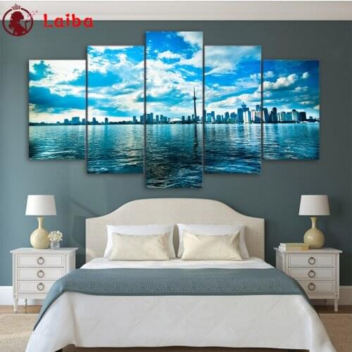 5pcs diamond painting 5 Panel Urban Architectural Lake Tower Sky cross stitch diamond embroidery mosaic room Decor