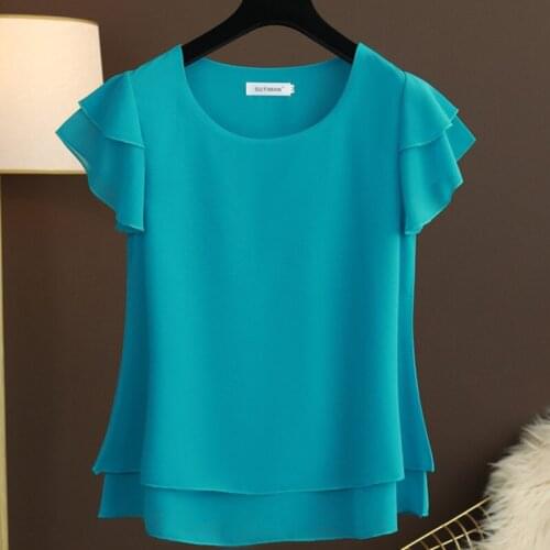 6XL Plus Size 2021 Summer Chiffon Shirts Stylish Ruffles Short Sleeve Round Neck Solid Loose Blouse Casual Tops Blusas