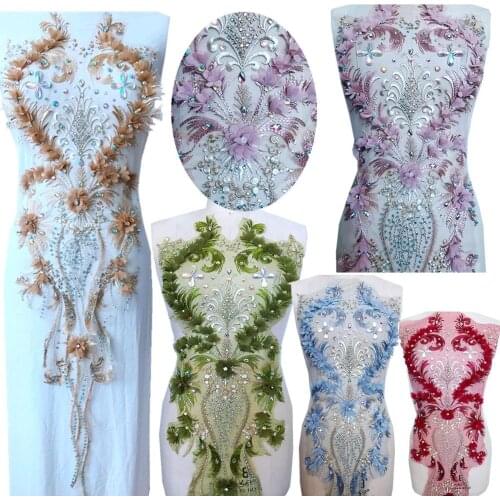 7 colour big lace patches rhinestones applique 3D flower for dress accessory 40*12inches