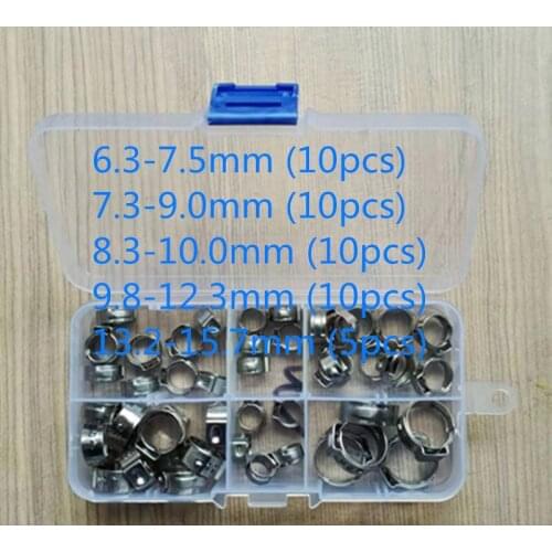 Free shipping Pipe Clamp High Quality 45 PCS Stainless Steel 304 Single Ear Hose Clamps Assortment Kit Single with box