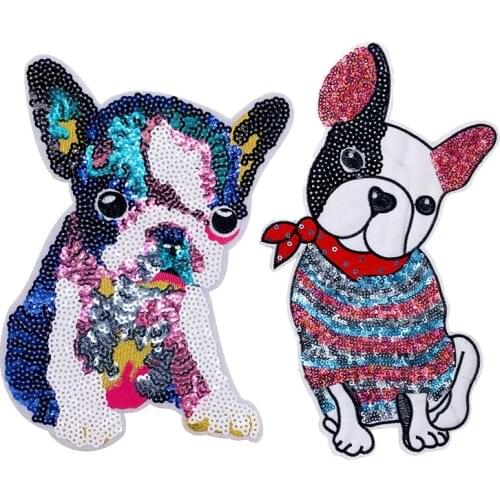 PGY Animal Big Patch Dog Bulldog Embroidered Sew On Cartoon Patches For Clothes Badge DIY Sequin Applique For T-shirt Stickers