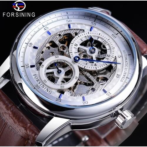 Forsining Skeleton Dial White Brown Automatic Watch Genuine Leather Band Waterproof Mechanical Watch Casual Business Retro Clock