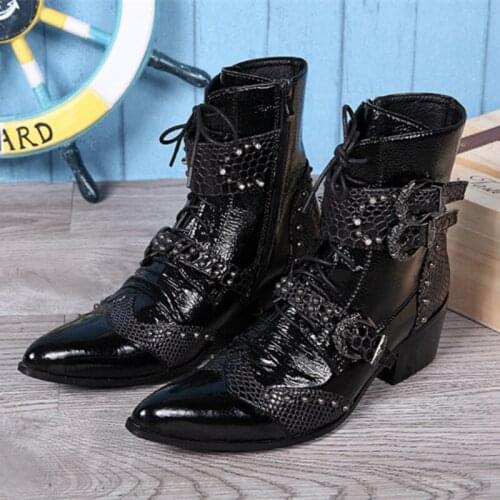 Christia Bella Personalized Big Size Male Genuine Leather Highten Short Boots Pointed Toe Buckle Man Motorcycle Lacp Up Boots