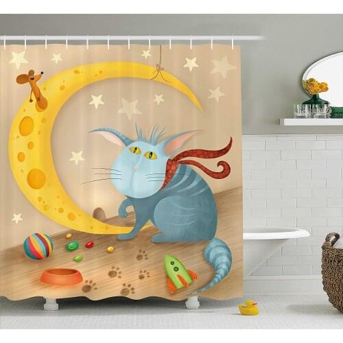 Kids Shower Curtain Cat and Mouse on Crescent Moon Shaped Cheese Cute Paws Toys Kids Children Cartoon Bathroom Curtains