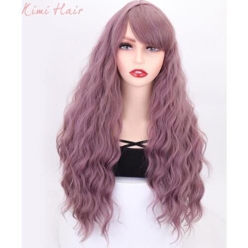 Kimi Hair Long Black Water Wavy Synthetic Mixe Purple Wig with Bangs for Women Heat Resistant Hair