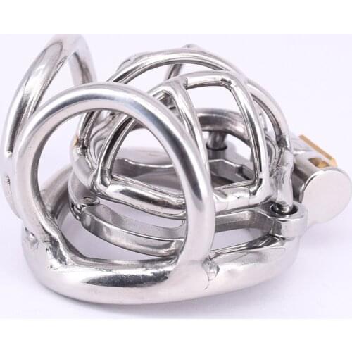 Stainless Steel Male Chastity Cage with Anti-off Ring Short Metal Cockring Curved Testicle Bondage Gear Chastity Devices