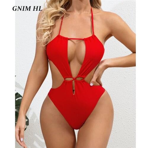 GNIM Sexy Hollow Out Swimwear Women One Piece Solid Bandage String Swimsuit Female Backless Swimming Suit For Women Bikini 2021
