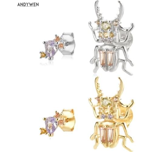 ANDYWEN 925 Sterling Silver Gold Animal Courage Beetle Earring Piercing Pendant Luxury Jewelry For Women Crystal Jewelry Gift