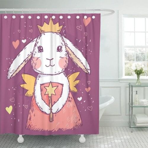Blue Cute Fairy Princess Rabbit Magic Wand Wings Shower Curtain Waterproof Polyester Fabric 72 x 78 Inches Set with Hooks