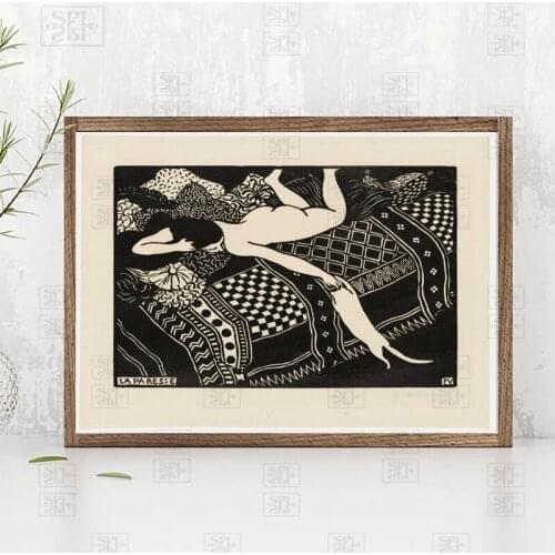 Vintage Poster Wall Art Print La Paresse Felix Vallotton Laziness Black and White Woman Cat Antique French Art Painting Picture