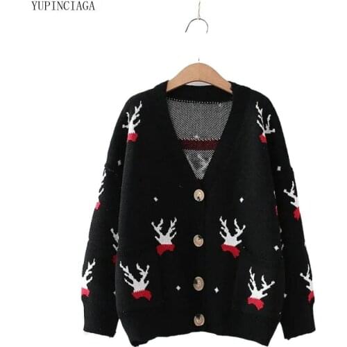 YUPINCIAGA Korean Style Fawn Jacquard Knitted Cardigan Women Autumn Long-Sleeved Loose Double Pocket V-Neck Knit Sweaters