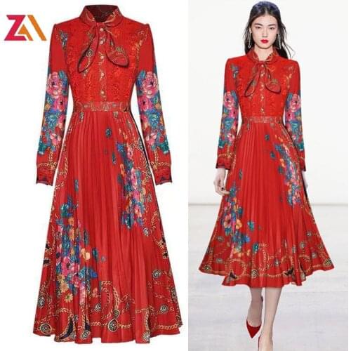 ZALady designer runway party evening midi dresses for women traf red black vintage floral printed bow fashion dress femme robes