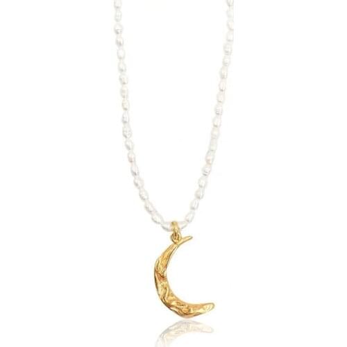 Fashion pearl fold crescent moon pearl necklace chain coppe