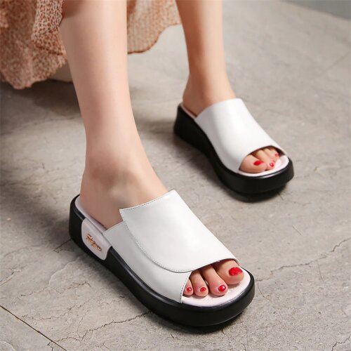 2021 New Summer Genuine Leather Women Sandals Classic Fashion Shallow High Heels Casual Shoes Woman Party Basic Shoes
