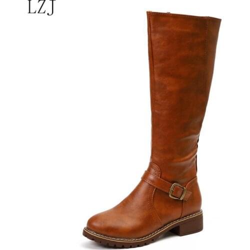 New Arrival Riding Boots Square Med Heel Fur Platform Winter Knee High Boots Women Motorcycle Boots Work Boots Zapatos De Mujer
