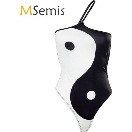 Womens Skinny Jumpsuit Swimsuit One Shoulder Spaghetti Strap High Cut Bodysuit Swimwear Contrast Color Chinese Print Clubwear