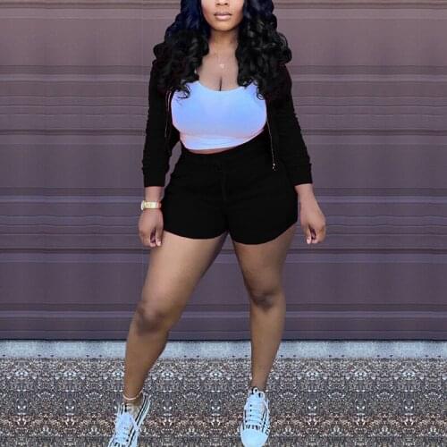 Women Long Sleeve Jacket colth & Loose Shorts Set Solid color Casual sportswear Two Piece set