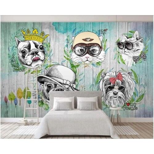 3d wall murals wallpaper for living room Hand drawn animal cat and dog cartoon home decor photo wallpaper for walls 3 d