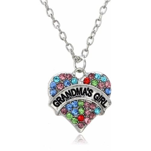 Bespmosp 24PCS/Lot Wholesale Multi-Colored Crystal Hand Stamped Grandmas Girl Grandmother Heart Pendant Necklace Charm Family