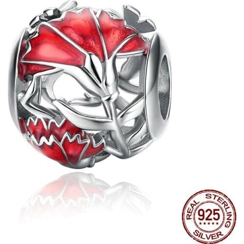 Chinese Elements New style Carnation Red Beads 925 Sterling Silver fit bangle Charm Bracelet Necklace DIY Jewelry