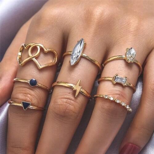 HI MAN 8 Pcs/Set Mixed Geometric Triangle Round Square Oval Zircon Lightning Heart Set Ring Women All-Match Party Jewelry