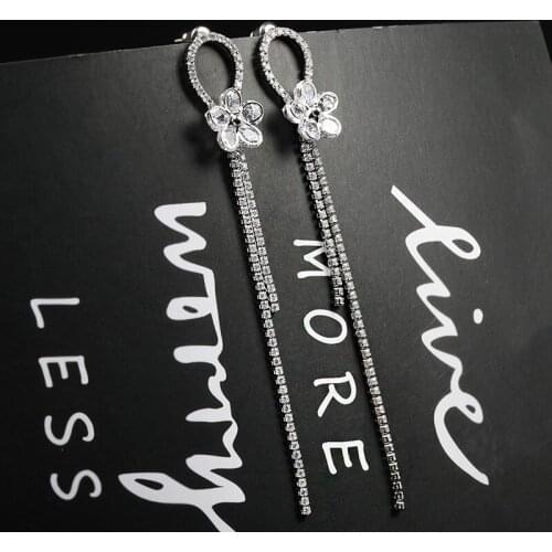 LADYCHIC Fashion Silver Color Flower Tassel Dangle Earrings Shiny Crystal Long Chain Drop Earring for Women Jewelry Accessories