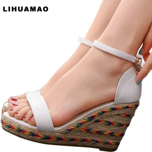 LIHUAMAO White wedding shoes Espadrilles Wedges Sandals for women High heel ankle strap platform Ladies beach sandals casual