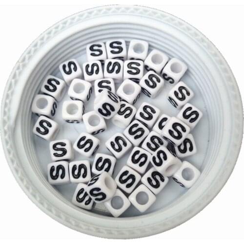 Mini order 100pcs/lot 7*7MM Cube acrylic letter beads white with black printing single initial S alphabet letters jewelry beads