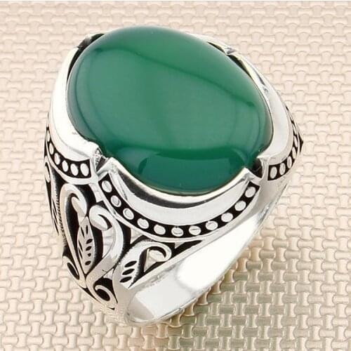 Dished Oval Green Agate Stone Men Silver Ring With Symmetrical Motif Made in Turkey Solid 925 Sterling Silver