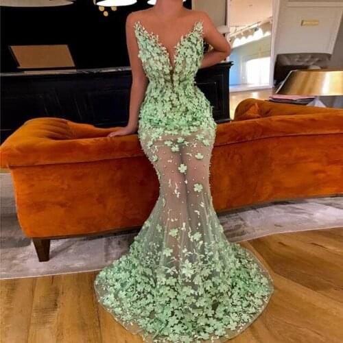 Mint Green Flower Evening Gowns 2018 Mermaid Illusion Shoulder Dubai Saudi Arabic Sexy Prom Dresses Party Dress Vestido De Festa