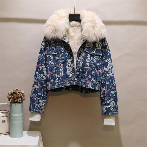 Natural Fox Fur Collar Real Rabbit Fur Liner Denim Jacket Women Winter New Warm Loose Short Embroidery Floral Jeans Coat Female